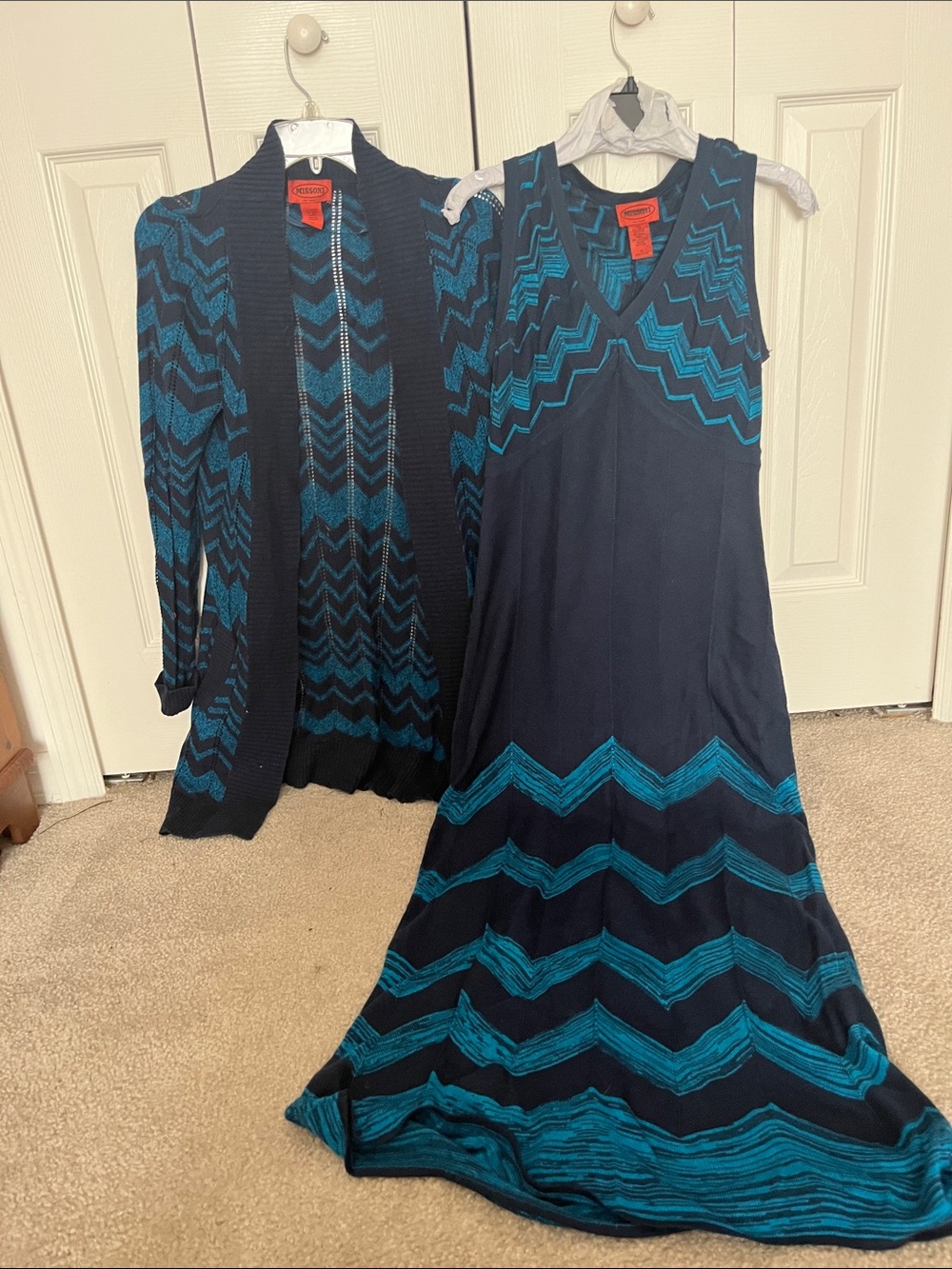 Missoni Teal and Navy Chevron Knit Dress with Matching Cardigan